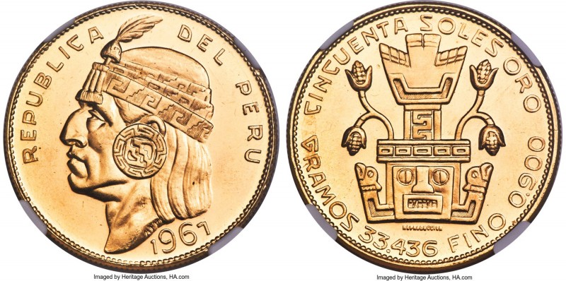 Republic gold "Inca" 50 Soles 1967 MS66 NGC, Lima mint, KM219, Fr-77. Near the p...