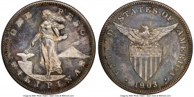 USA Administration Proof Peso 1903 PR65 NGC, KM168. Proof mintage: 2,558. A remarkable gem Proof featuring a delightful spread of interwoven pastel to...