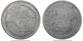 Lodz Ghetto Occupation aluminum 20 Mark 1943 MS61 PCGS, KM-Tn4. A sought-after and highly historical issue produced for use in the Lodz Ghetto in Pola...