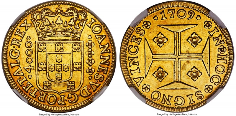 João V gold 4000 Reis 1709 AU55 NGC, Lisbon mint, KM184. Light red toning throug...