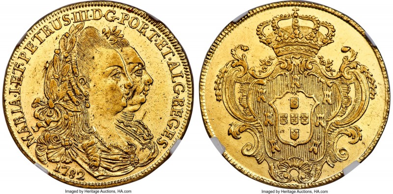 Maria I & Pedro III gold 4 Escudos (Peça) 1782 AU58 NGC, Lisbon mint, KM281. Rad...