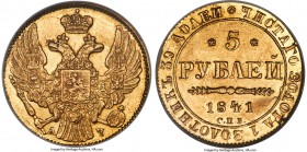 Nicholas I gold 5 Roubles 1841 CПБ-AЧ MS64 NGC, St. Petersburg mint, Bitkin-18, KM-C175.1. Obv. Crowned Imperial eagle with orb and scepter. Rev. Date...