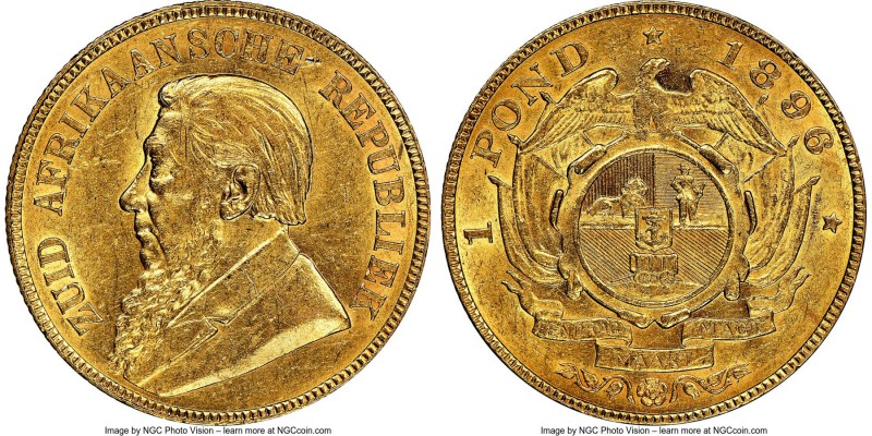 Republic gold Pond 1896 MS60 NGC, Pretoria mint, KM10.2, Hern-Z49. Slightly bett...