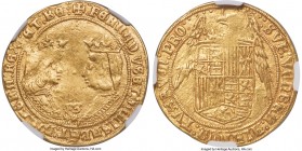 Ferdinand & Isabella (1474-1504) gold 2 Excelentes ND (from 1497)-S AU55 NGC, Seville mint, Cal-72. 7.01gm. Evenly centered with some typical slight r...