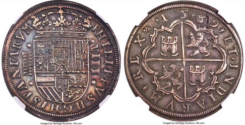 Philip II 8 Reales 1589-(Aqueduct) AU55 NGC, Segovia mint, Cal-211. Attractively...