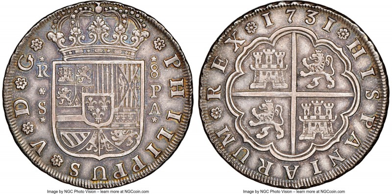 Philip V 8 Reales 1731 S-PA AU50 NGC, Seville mint, KM358, Cal-943. "PA" vertica...