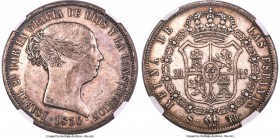 Isabel II 20 Reales 1850 S-RD AU55 NGC, Seville mint, KM592.2. A fleeting representative of the Seville-minted issue carrying both the "S" and "RD" on...