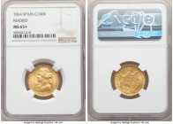 Isabel II gold 100 Reales 1864 MS65+ NGC Madrid mint, KM617.1. Two-year type. The single finest certified example of this date, fielding blooming auro...