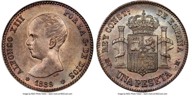 Alfonso XIII Peseta 1889(89) MP-M MS64 NGC, Madrid mint, KM691, Cay-17608. The f...
