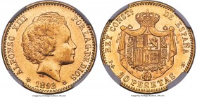 Alfonso XIII gold 20 Pesetas 1892(92) PG-M AU58 NGC, Madrid mint, KM701. Borderline Mint State, showing only scant friction evidence on the higher poi...