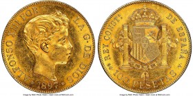 Alfonso XIII gold 100 Pesetas 1897(97) SG-V MS62 NGC, Madrid mint, KM708, Fr-347. Delightfully lustrous, with glassy surfaces transitioning in symmetr...