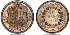 Geneva. Canton 10 Francs 1851 MS62 PCGS, KM138, Häb-4. Mintage: 1,000. Struck for the shooting festival, rather than for general circulation. Lustrous...