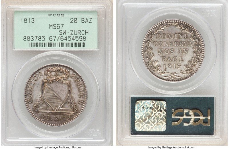 Zurich. Canton 20 Batzen 1813-B MS67 PCGS, Bern mint, KM186. Original toned with...