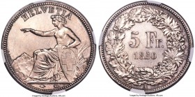 Confederation Specimen 5 Francs 1850-A SP62 NGC, Paris mint, KM11, Dav-376, HMZ-2-1197a. Exceptionally detailed from the folds in Helvetia's robe to t...