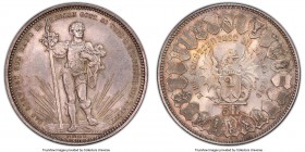Confederation "Basel Shooting Festival" 5 Francs 1879 MS66 PCGS, KM-XS14, Richter-92a. Conveying gem quality at every angle, the fields decorated in a...