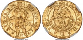 Sigismund Bathory gold Ducat 1592 AU55 NGC, Fr-297, Resch-95 var. (obverse legend). 3.46gm. S LADISI • | • | • AVS • REX (rosette stops), Sigismund, c...