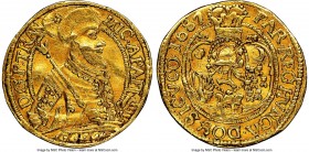 Michael I Apafi gold Ducat 1687 AU50 NGC, KM505, Fr-488. 3.38gm. Half-length portrait with fur cap / crowned coat of arms. Despite light wear to the h...