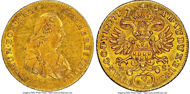 Maria Theresa gold 2 Ducat 1777-HS MS61 NGC, KM650, Fr-541. Slight die weakness ...