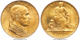 Pius XII gold 100 Lire 1945 Anno VII MS65 ANACS, KM39. Quite attractive for even the gem grade assigned, with lightly toned surfaces essentially devoi...