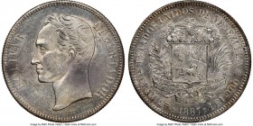 Republic 5 Bolivares 1887 MS61 NGC, KM-Y24.1. Very elusive in Mint State condition and rarely located in such high technical caliber. Dressed in a fin...