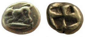 El Hekte
Mysia. Kyzikos, c. 500-450 BC, Liones or panther at bay left atop tunny fish left / Quadripartite incuse square
12 mm, 2,68 g
Von Fritze I...