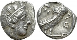 Tetradrachm
Attica. Athens. c. 454-404 BC, Helmeted head of Athena right, with frontal eye / AΘE, owl standing right, head facing; olive sprig and cr...