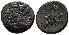 Bronze Æ
Macedon. Paroreia c. 185-168 BC, Laureate head of Zeus right / Eagle standing right on thunderbolt, head left, monogram to left and right. V...