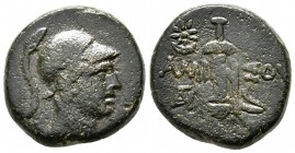 Bronze Æ
Pontos. Amisos, c. 100-85 BC, Struck under Mithradates VI, Helmeted head of Ares right / AMSOY, sword in sheath
20 mm, 8,67 g
HGC 7, 241