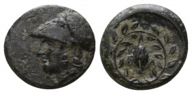 Bronze Æ
Aeolis. Elaia c. 340 - 275 B.C., head of Athena left in Corinthian helmet / Ε − Λ either side of grain kernel, the whole within olive wreath...