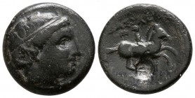 Bronze Æ
Kings of Macedon, Philip III Arrhidaios (323-317 BC), c. 323-319 BC, Diademed head r. R / Horseman riding r, labrys above
19 mm, 5,78 g