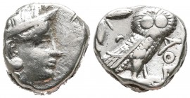 Tetradrachm
Attica. Athens. c. 454-404 BC, Helmeted head of Athena right, with frontal eye / AΘE, owl standing right, head facing
21 mm, 17,05 g