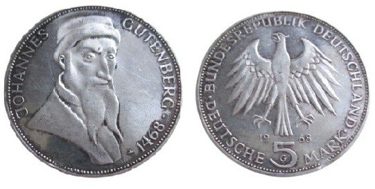 5 Mark AR
Germany 1968, Johannes Gutenberg
30 mm, 11,20 g