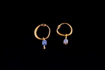 Pair of Byzantine Gold Earrings with blue stone pendants, c. 6th-8th century AD, 11x17mm