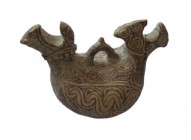 Aaskos with two funnel mouths, one with a sieve, and a bird-shaped vessel. Near East, about 9th - 11th century AD,