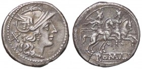 ROMANE REPUBBLICANE - ANONIME - Monete senza simboli (dopo 211 a.C.) - Denario - Testa di Roma a d. /R I Dioscuri a cavallo verso d.; ROMA, in rilievo...