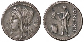 ROMANE REPUBBLICANE - CASSIA - L. Cassius Longinus (63 a.C.) - Denario - Testa di Vesta a s., dietro il simpulum /R Cittadino nell'atto di votare B. 1...