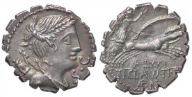 ROMANE REPUBBLICANE - CLAUDIA - Ti. Claudius Ti. F. Ap. n. Nero (79 a.C.) - Denario serrato - Busto di Diana a d. con arco e faretra /R La Vittoria su...