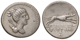 ROMANE REPUBBLICANE - POSTUMIA - C. Postumius (74 a.C.) - Denario - Busto di Diana a d. con arco e faretra /R Cane che corre verso d.; sotto una lanci...