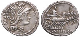 ROMANE REPUBBLICANE - SENTIA - L. Sentius C. f. (101 a.C.) - Denario - Testa di Roma a d. /R Giove in quadriga verso d. B. 1; Cr. 325/1 (AG g. 3,9)
q...