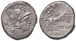 ROMANE REPUBBLICANE - TITINIA - C. Titinius (141 a.C.) - Denario - Testa di Roma a d. /R La Vittoria su biga verso d. regge una frusta B. 7; Cr. 226/1...