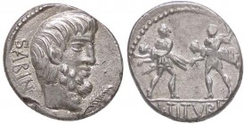 ROMANE REPUBBLICANE - TITURIA - L. Titurius L. f. Sabinus (89 a.C.) - Denario - Testa del Re Sabino Tatius a d.; davanti, una spiga /R Due romani rapi...