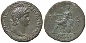 ROMANE IMPERIALI - Nerone (54-68) - Sesterzio - Testa laureata a d. /R Roma seduta a s. su corazza con vittoria e parazonium C. 261; RIC 398 (AE g. 28...