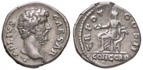 ROMANE IMPERIALI - Elio (136-138) - Denario - Testa a d. /R La Concordia seduta a s. con patera ed il gomito s. su una cornucopia C. 1 (12 Fr.); RIC 4...