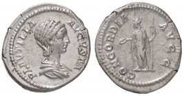 ROMANE IMPERIALI - Plautilla (moglie di Caracalla) - Denario - Busto a d. /R La Concordia stante a s. con scettro e patera C. 1; RIC 363a (AG g. 3,32)...