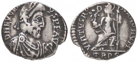 ROMANE IMPERIALI - Eugenio (392-394) - Siliqua (Treviri) - Busto diademato e drappeggiato a d. /R Roma seduta a s. con globo sormontato da Vittoria e ...