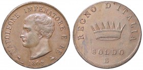 ZECCHE ITALIANE - BOLOGNA - Napoleone I, Re d'Italia (1805-1814) - Soldo 1807 Pag. 65; Mont. 110 RR CU
qFDC