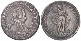 ZECCHE ITALIANE - FIRENZE - Ferdinando II (1621-1670) - Piastra 1624/1623 CNI 29/32; MIR 289 RRR (AG g. 32,39)"mantellina" Lieve traccia di appiccagno...