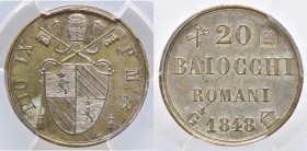 ZECCHE ITALIANE - GAETA - Pio IX (1846-1866) - 20 Baiocchi 1848 Bruce 4a RRR AE argentato Sigillata PCGS MS63
FDC