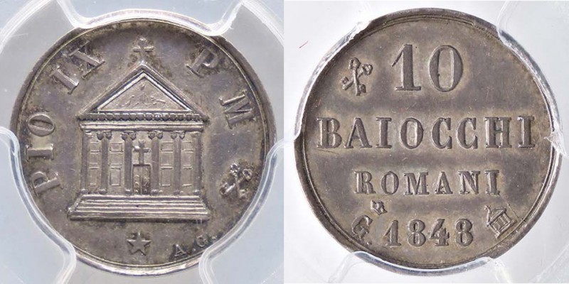 ZECCHE ITALIANE - GAETA - Pio IX (1846-1866) - 10 Baiocchi 1848 Bruce 3 var. RRR...