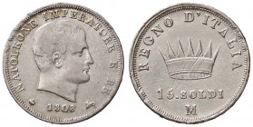 ZECCHE ITALIANE - MILANO - Napoleone I, Re d'Italia (1805-1814) - 15 Soldi 1808 Pag. 48; Mont. 265 R (AG g. 3,69)
bel BB